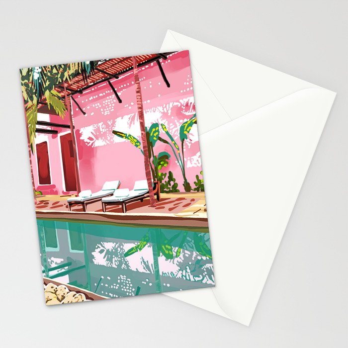 Vacay Villa | Blush Pink Summer Architecture | Tropical Travel Building | Palm Bohemian Resort Stationery Card Gallery Image 2