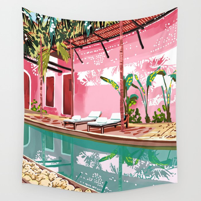 Vacay Villa | Blush Pink Summer Architecture | Tropical Travel Building | Palm Bohemian Resort Wall Tapestry Gallery Image 4