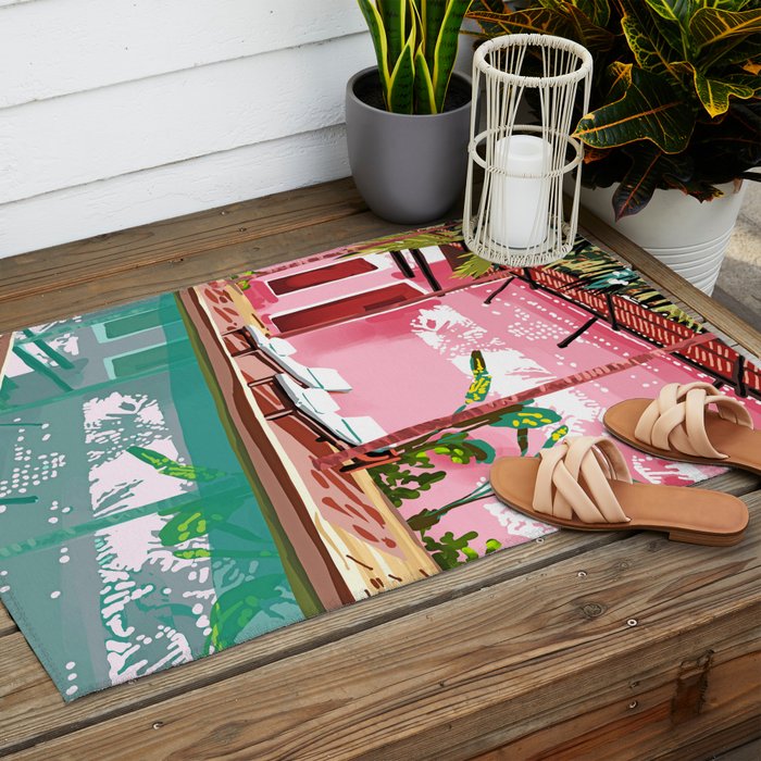 Vacay Villa | Blush Pink Summer Architecture | Tropical Travel Building | Palm Bohemian Resort Outdoor Rug Gallery Image 2