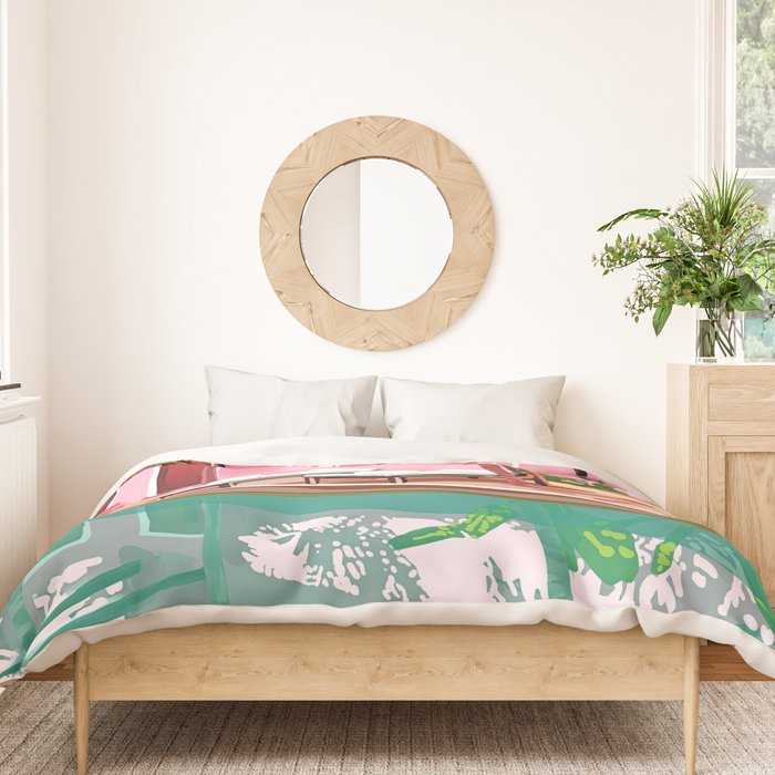 Vacay Villa | Blush Pink Summer Architecture | Tropical Travel Building | Palm Bohemian Resort Duvet Cover Gallery Image 3