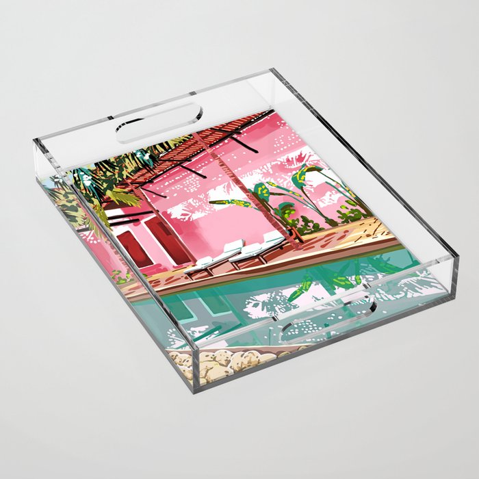 Vacay Villa | Blush Pink Summer Architecture | Tropical Travel Building | Palm Bohemian Resort Acrylic Tray Gallery Image 1