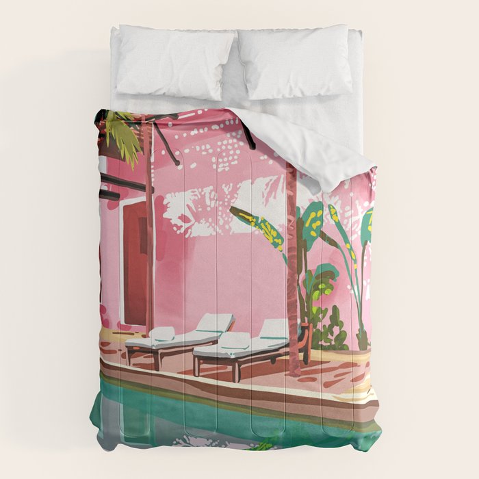 Vacay Villa | Blush Pink Summer Architecture | Tropical Travel Building | Palm Bohemian Resort Comforter Gallery Image 6