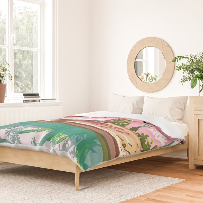 Vacay Villa | Blush Pink Summer Architecture | Tropical Travel Building | Palm Bohemian Resort Duvet Cover Gallery Image 2