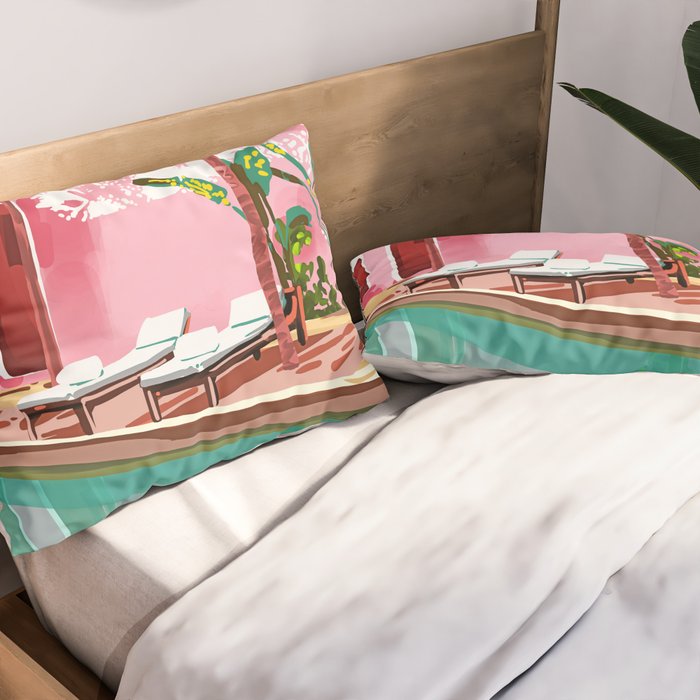 Vacay Villa | Blush Pink Summer Architecture | Tropical Travel Building | Palm Bohemian Resort Pillow Sham Gallery Image 2