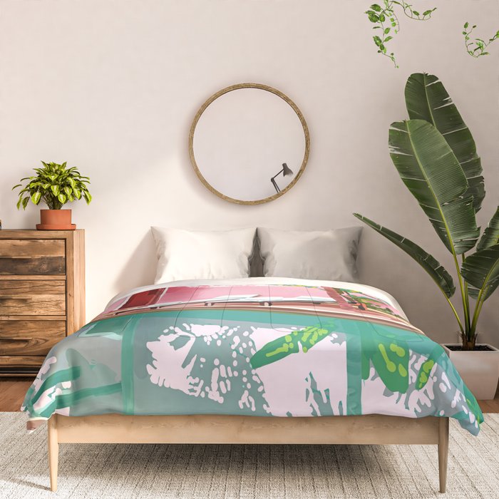 Vacay Villa | Blush Pink Summer Architecture | Tropical Travel Building | Palm Bohemian Resort Comforter Gallery Image 3