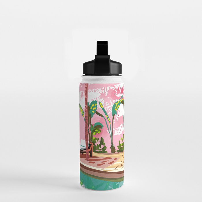 Vacay Villa | Blush Pink Summer Architecture | Tropical Travel Building | Palm Bohemian Resort Water Bottle Gallery Image 2