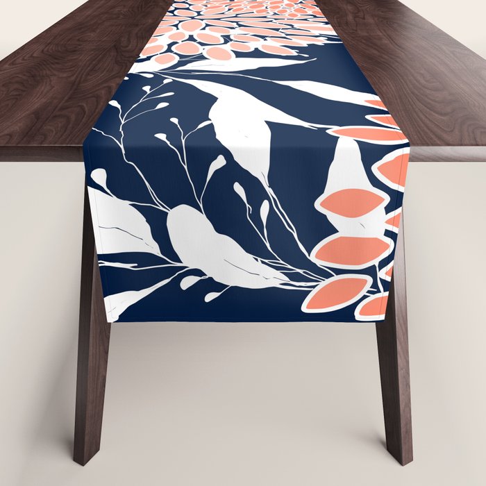 Floral Blooms and Leaves, Navy, Coral and White Table Runner Gallery Image 1