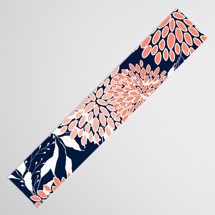Floral Blooms and Leaves, Navy, Coral and White Table Runner Gallery Image 3