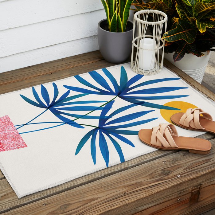 Sunny Palms in Indigo and Pink Outdoor Rug Gallery Image 2