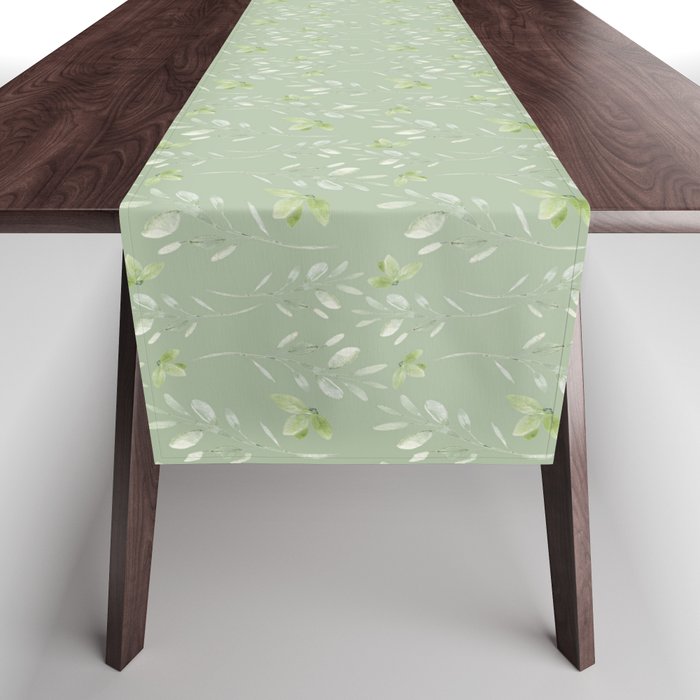 Mint green watercolor hand painted floral leaves Table Runner Gallery Image 1