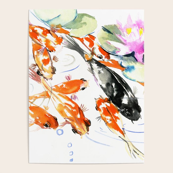 Nine Koi Fish, 9 KOI, feng shui artwork asian watercolor ink painting Poster Gallery Image 4