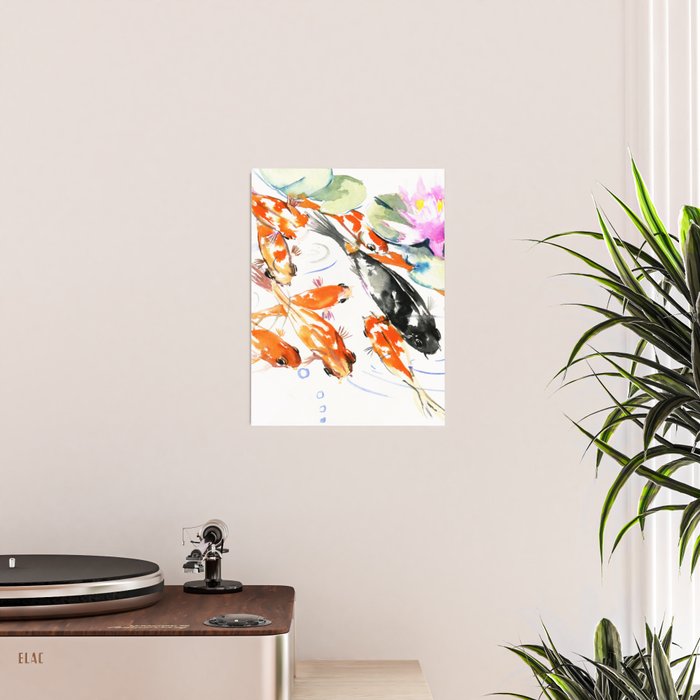Nine Koi Fish, 9 KOI, feng shui artwork asian watercolor ink painting Poster Gallery Image 2