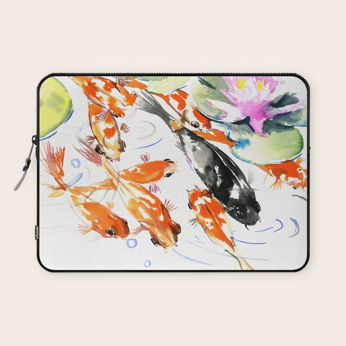 Nine Koi Fish, 9 KOI, feng shui artwork asian watercolor ink painting Laptop Sleeve Gallery Image 1