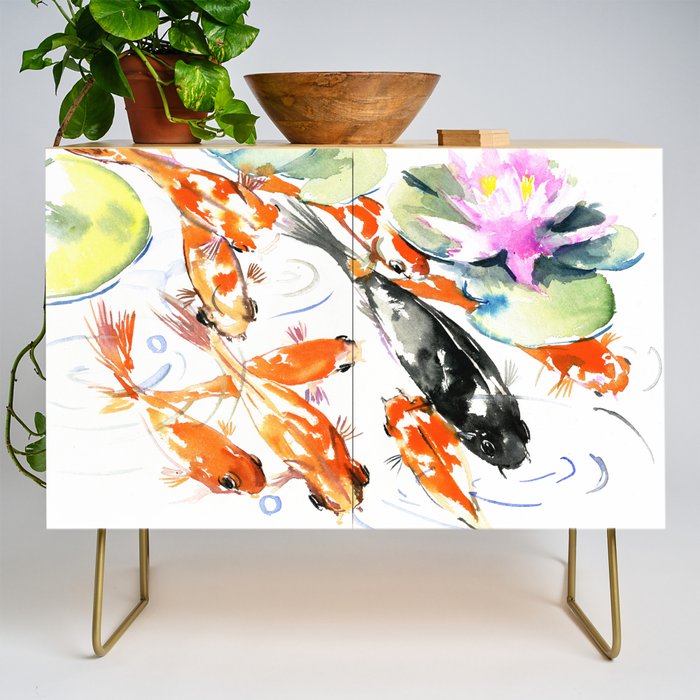 Nine Koi Fish, 9 KOI, feng shui artwork asian watercolor ink painting Credenza Gallery Image 1