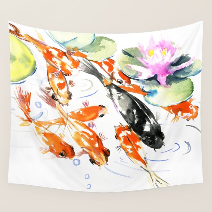 Nine Koi Fish, 9 KOI, feng shui artwork asian watercolor ink painting Wall Tapestry Gallery Image 1