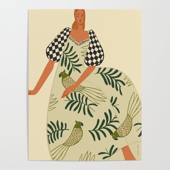 a girl in a dress with parrots Poster Gallery Image 1