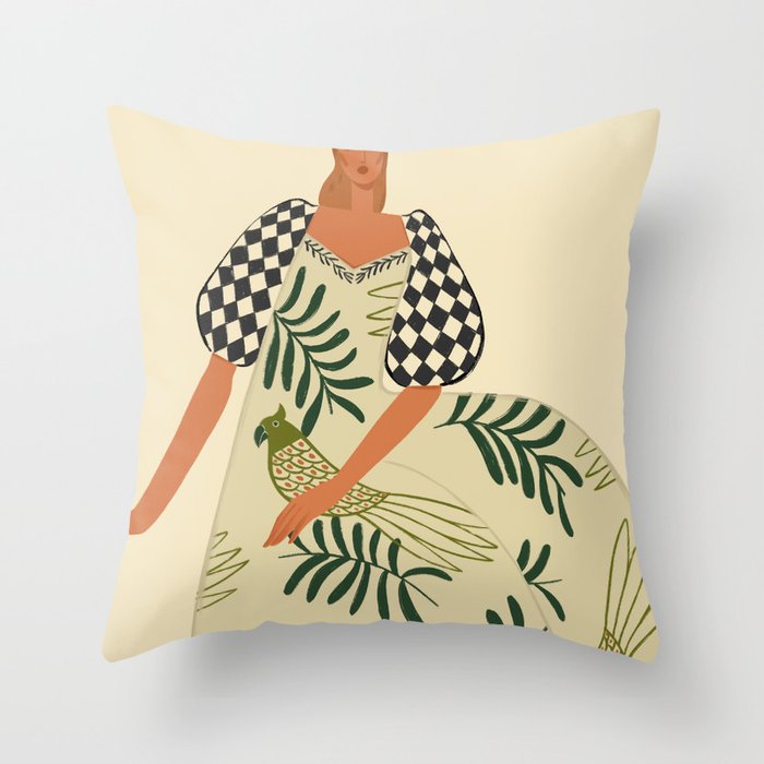 a girl in a dress with parrots Throw Pillow Gallery Image 6