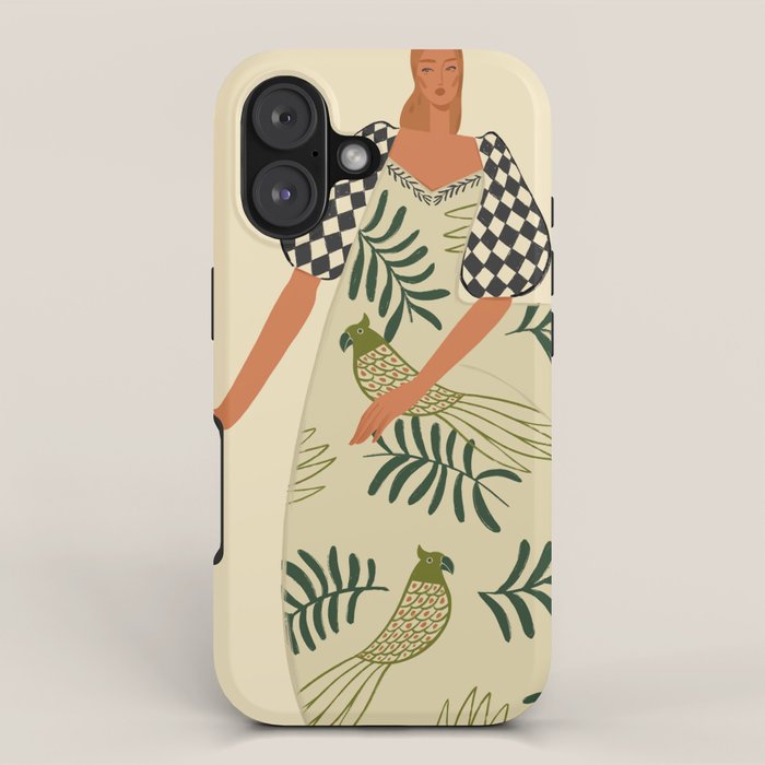 a girl in a dress with parrots iPhone Case Gallery Image 1