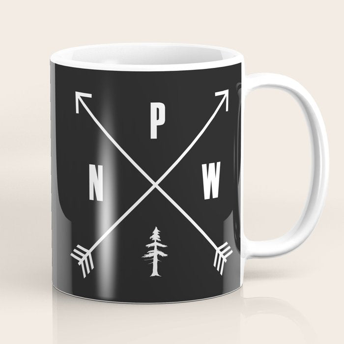 PNW Pacific Northwest Compass - White on Black Minimal Coffee Mug Gallery Image 1