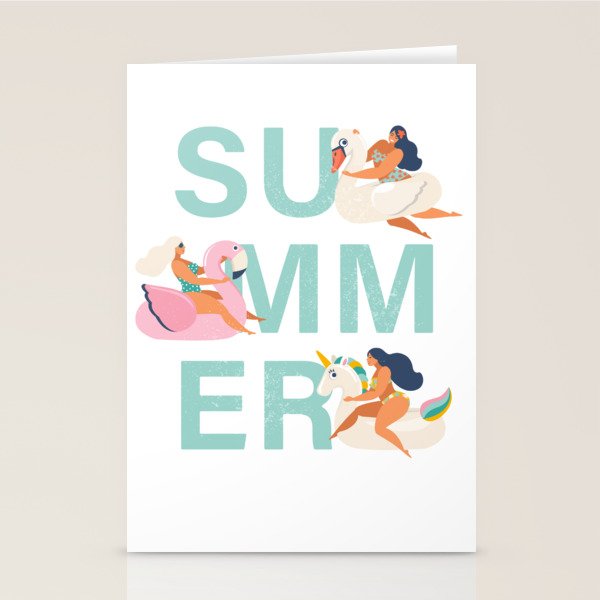 Gils on inflatable in swimming pool floats. Stationery Card Gallery Image 1