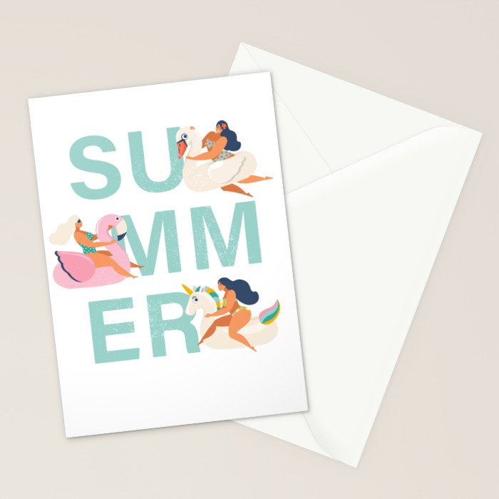 Gils on inflatable in swimming pool floats. Stationery Card Gallery Image 2