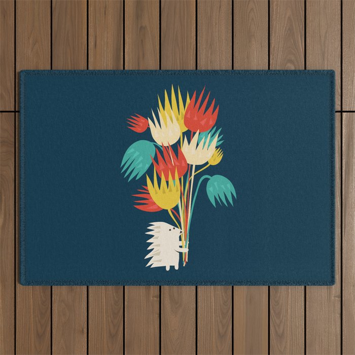 Hedgehog with flowers Outdoor Rug Gallery Image 1