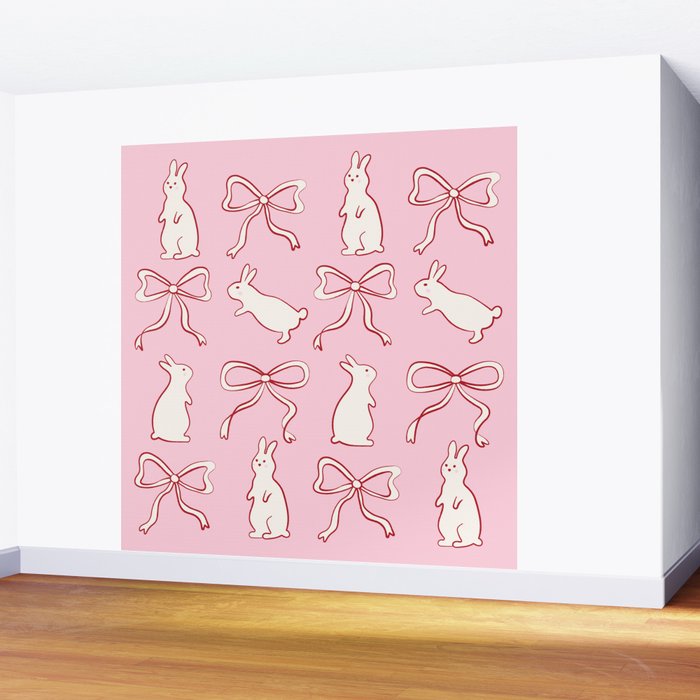 Ribbon Bows and Bunnies in Red, Pink and White Wall Mural Gallery Image 2