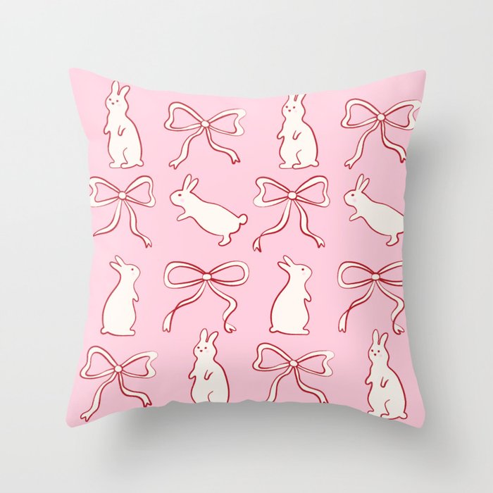 Ribbon Bows and Bunnies in Red, Pink and White Throw Pillow Gallery Image 1