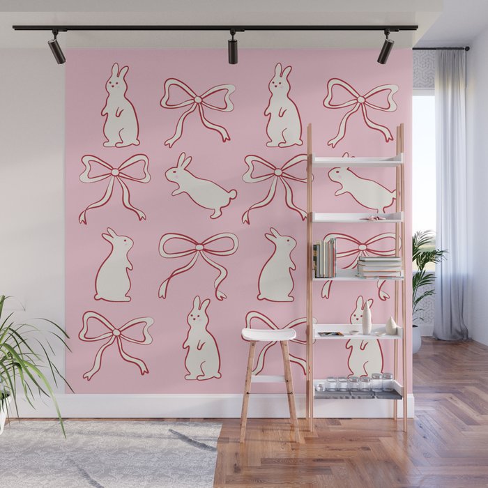 Ribbon Bows and Bunnies in Red, Pink and White Wall Mural Gallery Image 1