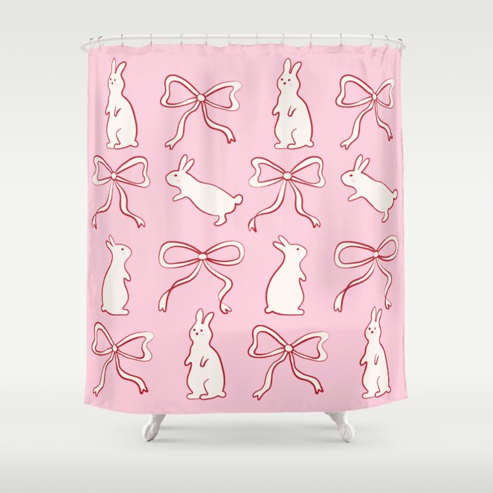 Ribbon Bows and Bunnies in Red, Pink and White Shower Curtain Gallery Image 1