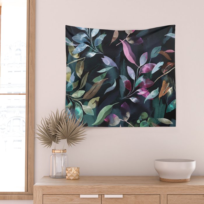 Midnight garden foliage Watercolor Leaves Dark Romantic botanical Jewel tones Wall Tapestry Gallery Image 2