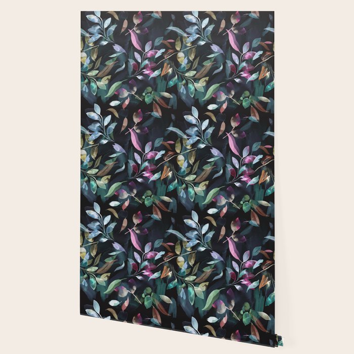 Midnight garden foliage Watercolor Leaves Dark Romantic botanical Jewel tones Wallpaper Gallery Image 2