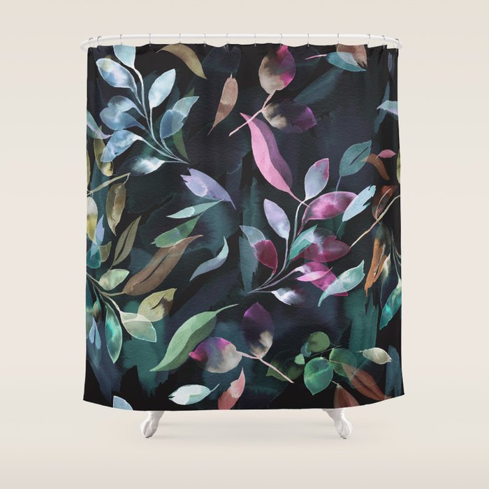 Midnight garden foliage Watercolor Leaves Dark Romantic botanical Jewel tones Shower Curtain Gallery Image 1