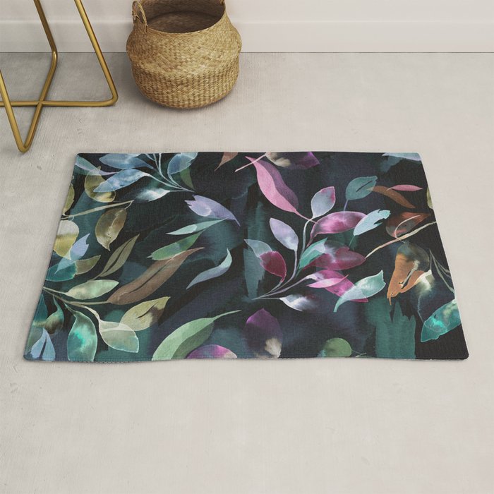 Midnight garden foliage Watercolor Leaves Dark Romantic botanical Jewel tones Rug Gallery Image 1