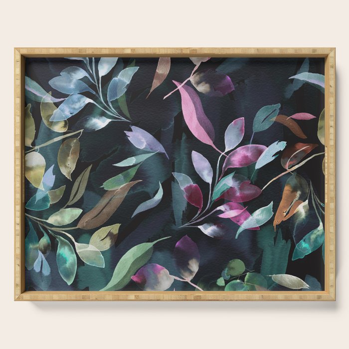 Midnight garden foliage Watercolor Leaves Dark Romantic botanical Jewel tones Serving Tray Gallery Image 1