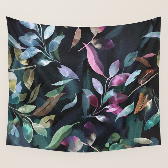 Midnight garden foliage Watercolor Leaves Dark Romantic botanical Jewel tones Wall Tapestry Gallery Image 4