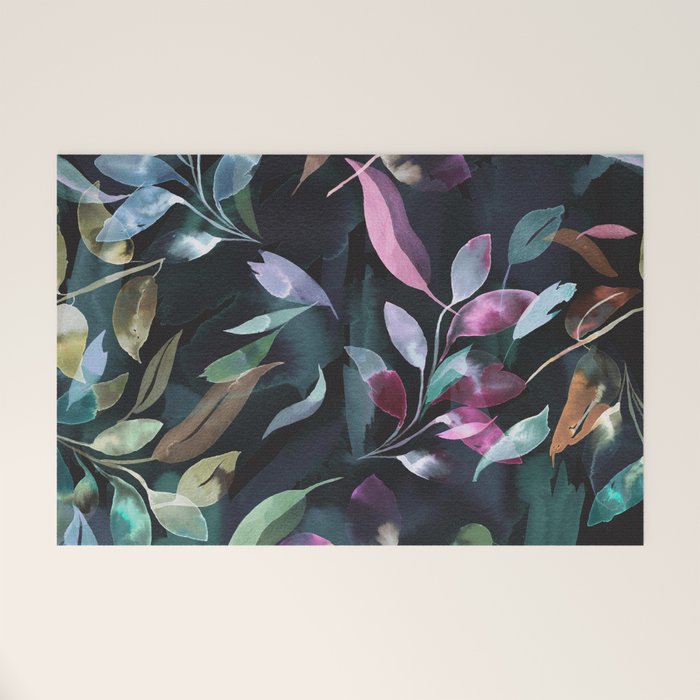 Midnight garden foliage Watercolor Leaves Dark Romantic botanical Jewel tones Welcome Mat Gallery Image 1