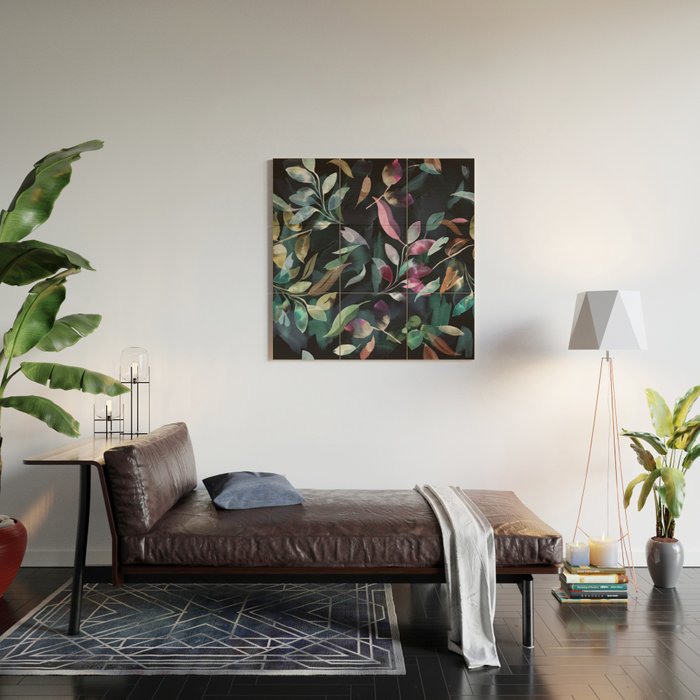 Midnight garden foliage Watercolor Leaves Dark Romantic botanical Jewel tones Wood Wall Art Gallery Image 2