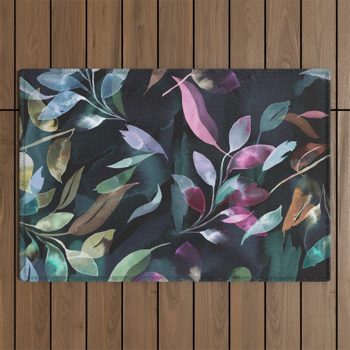Midnight garden foliage Watercolor Leaves Dark Romantic botanical Jewel tones Outdoor Rug Gallery Image 1