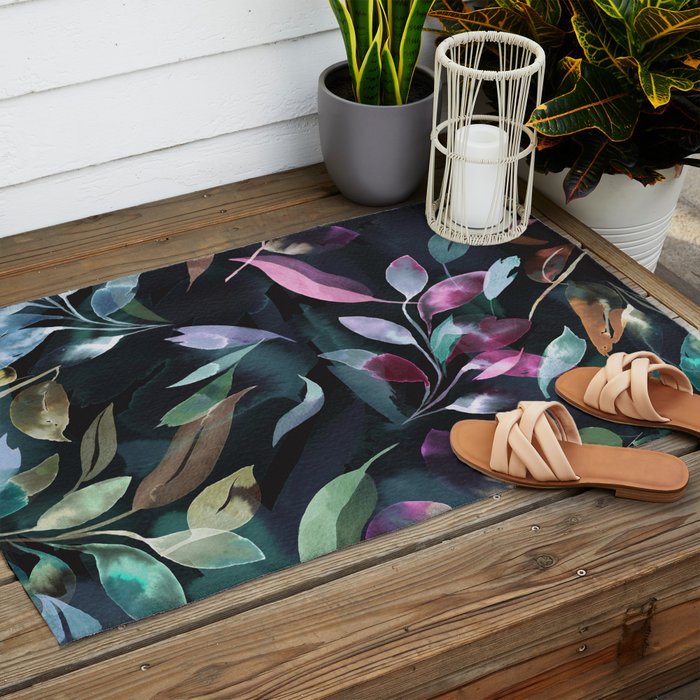 Midnight garden foliage Watercolor Leaves Dark Romantic botanical Jewel tones Outdoor Rug Gallery Image 2