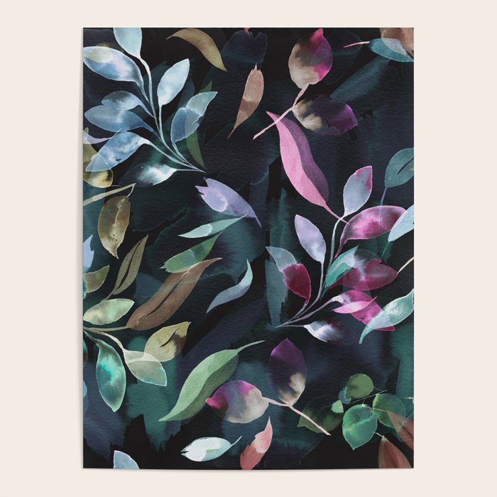 Midnight garden foliage Watercolor Leaves Dark Romantic botanical Jewel tones Poster Gallery Image 4