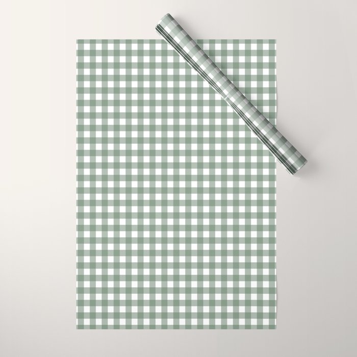 Gingham Check Country Cottage Pattern in Sage Green and White Wrapping Paper Gallery Image 1