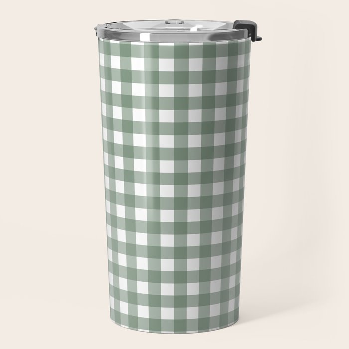 Gingham Check Country Cottage Pattern in Sage Green and White Travel Mug Gallery Image 2