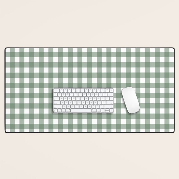 Gingham Check Country Cottage Pattern in Sage Green and White Desk Mat Gallery Image 1