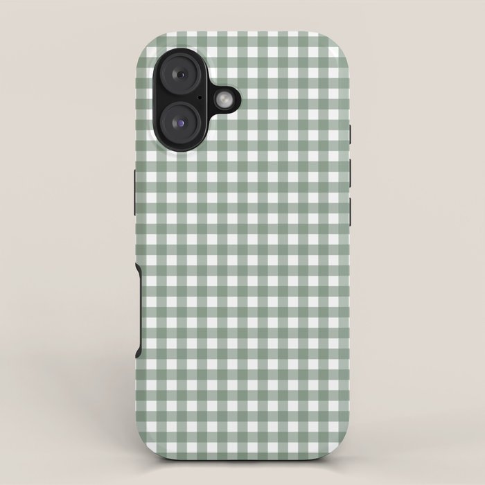 Gingham Check Country Cottage Pattern in Sage Green and White iPhone Case Gallery Image 1