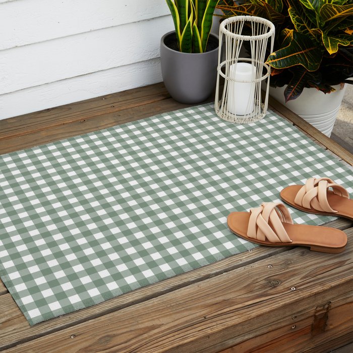 Gingham Check Country Cottage Pattern in Sage Green and White Outdoor Rug Gallery Image 2