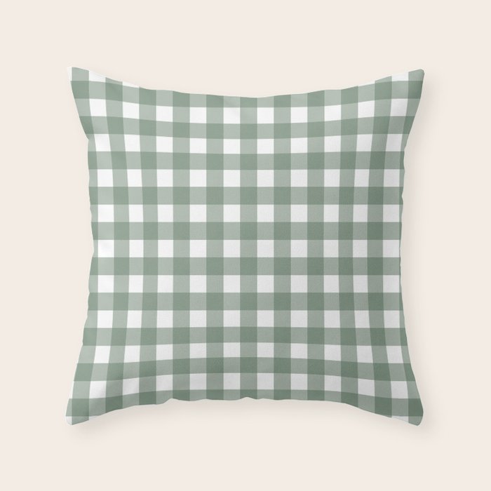 Gingham Check Country Cottage Pattern in Sage Green and White Throw Pillow Gallery Image 1