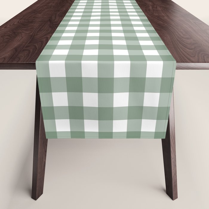 Gingham Check Country Cottage Pattern in Sage Green and White Table Runner Gallery Image 1