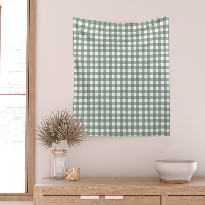 Gingham Check Country Cottage Pattern in Sage Green and White Wall Tapestry Gallery Image 2