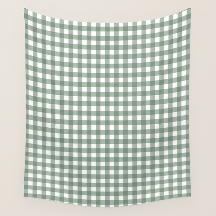 Gingham Check Country Cottage Pattern in Sage Green and White Wall Tapestry Gallery Image 1